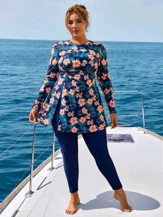 Swim Mulvari Plus Size Women Burkini 2 Pieces Set, Fashion Striped Print Patchwork Front Zipper Ruffle Hem Maxi Length Jumpsuit Swimwear