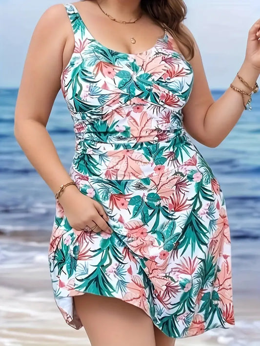 Women'S Plus Size Tropical Floral Swimsuit - High Stretch, Mature & Conservative Tankini with Vibrant Pink, Green & White Print, Perfect for Beach & Pool, Beach Swimsuit|Tropical Print|Highstretch Fabric