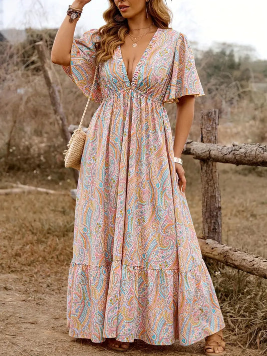 Women'S Plus Size Bohemian Style Dress with Colorful Paisley Print, V-Neck, Ruffle Sleeves - Casual Vacation Attire, Versatile Fashion|Bohemian Style Dress|Nonstretch Fabric, Plus Size Dress