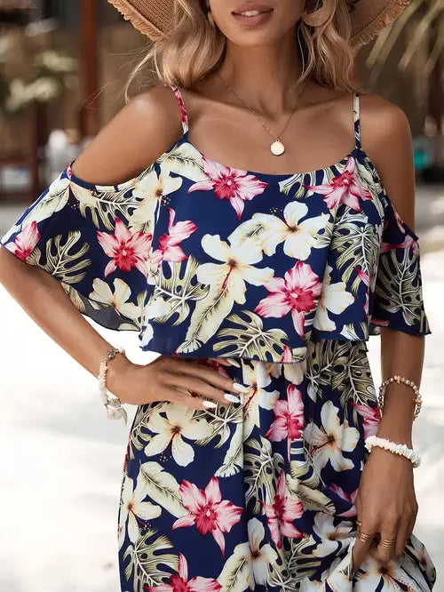 Women's Summer Tropical Floral Print Sleeveless Dress - Lightweight Beach Vacation Dress with Round Neck, Machine Washable, Pink Blue White Navy, Casual Outfit for Women, Beach Dresses, Holiday Wear, Flowy Silhouette, Breathable Fabric, Holiday Travelers