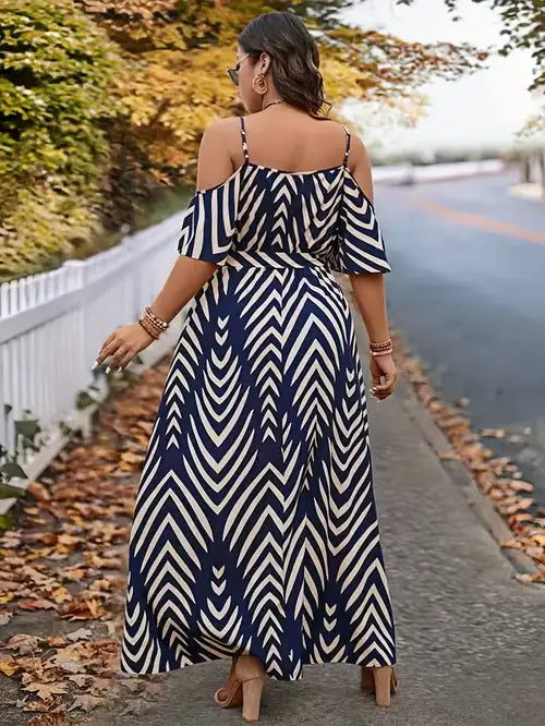 1902 Plus Size Off-Shoulder Peplum Dress - Elegant Navy & White Striped Maxi Dress with High Slit, Perfect for Summer, Casual to Formal Attire, Casual Attire|Peplum Hemline|Strapless Design