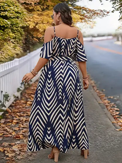 1902 Plus Size Off-Shoulder Peplum Dress - Elegant Navy & White Striped Maxi Dress with High Slit, Perfect for Summer, Casual to Formal Attire, Casual Attire|Peplum Hemline|Strapless Design