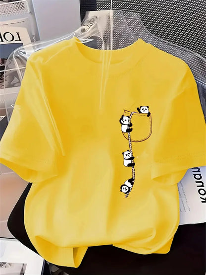 Women'S Cute Panda Print T-Shirt - Soft Knit Fabric, Short Sleeve Crew Neck, Casual & Comfortable Top for Spring & Summer, Red with Black Panda Design, Casual Wear | Playful Design | Comfortable Fit