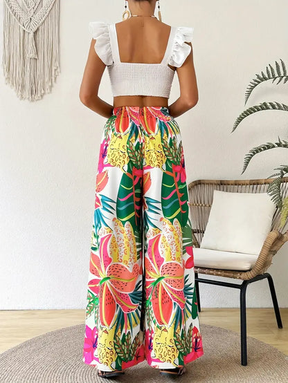 Women's Elastic Waist Tropical Floral Print Wide-Leg Pants - Lightweight Breathable Summer Casual Lounge Pants for Vacation & Casual Attire, Machine Washable