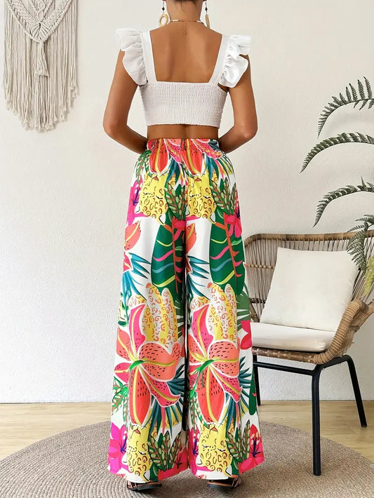 Women's Elastic Waist Tropical Floral Print Wide-Leg Pants - Lightweight Breathable Summer Casual Lounge Pants for Vacation & Casual Attire, Machine Washable