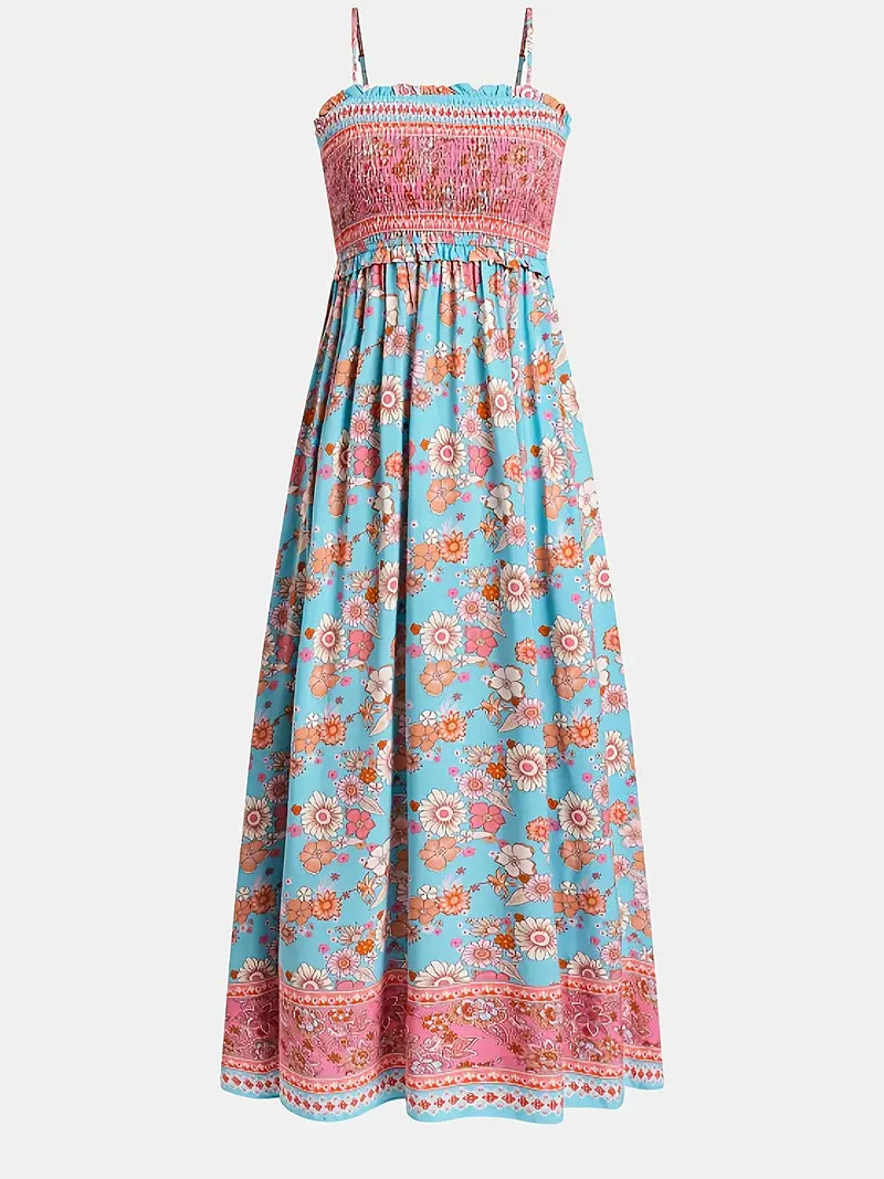 Boho Chic Floral Print Maxi Dress - Off-Shoulder A-Line Beach Vacation Dress for Women, Light Blue with Pink & White Floral Patterns, Casual Spring/Summer Style, Machine Washable, Summer Casual Wear | Offshoulder Dress | Casual Elegance, Beach Dress