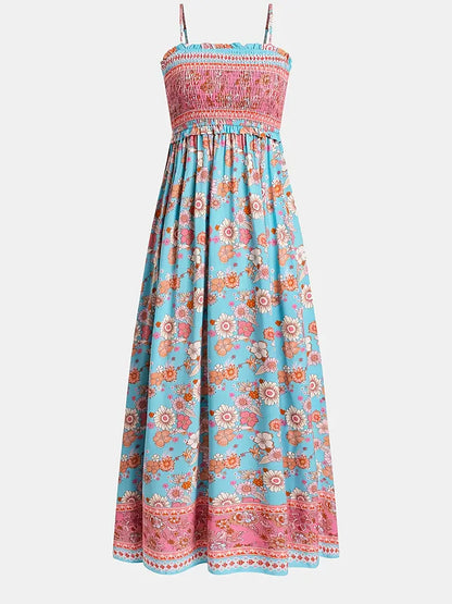 Boho Chic Floral Print Maxi Dress - Off-Shoulder A-Line Beach Vacation Dress for Women, Light Blue with Pink & White Floral Patterns, Casual Spring/Summer Style, Machine Washable, Summer Casual Wear | Offshoulder Dress | Casual Elegance, Beach Dress