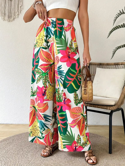 Women's Elastic Waist Tropical Floral Print Wide-Leg Pants - Lightweight Breathable Summer Casual Lounge Pants for Vacation & Casual Attire, Machine Washable
