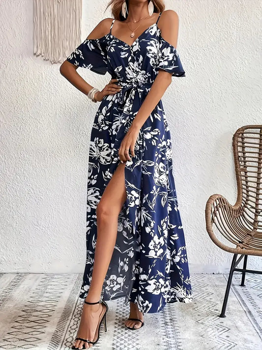 Plus Size Women's Off-Shoulder V-Neck Sleeveless Dress with High-Low Hem Slit & White Floral Print - Breathable Machine-Washable Resort Vacation Dress for Spring/Summer