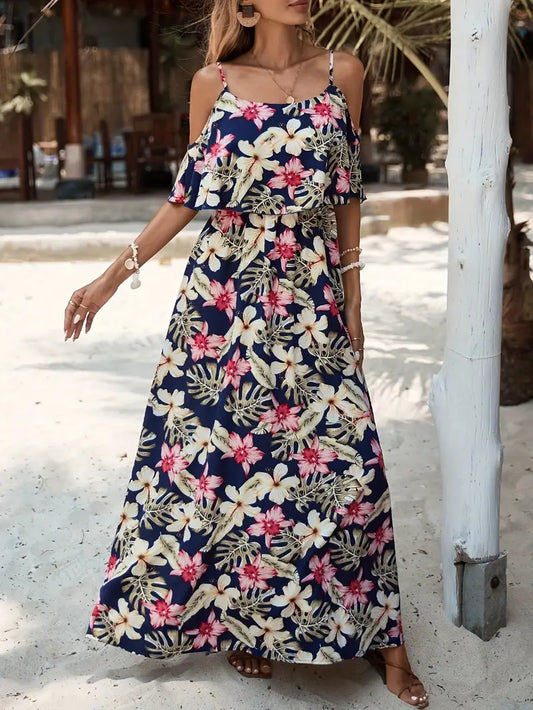 Women's Summer Tropical Floral Print Sleeveless Dress - Lightweight Beach Vacation Dress with Round Neck, Machine Washable, Pink Blue White Navy, Casual Outfit for Women, Beach Dresses, Holiday Wear, Flowy Silhouette, Breathable Fabric, Holiday Travelers