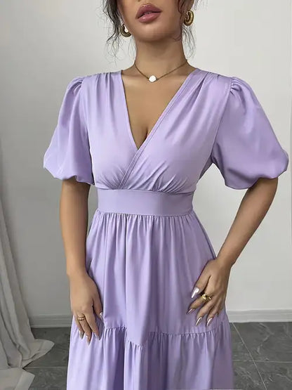 Elegant Lavender V-Neck Maxi Dress with Ruffled Hem and Puff Sleeves - Cinched Waist, Flowy Design, Machine Washable - Perfect for Casual or Formal Occasions