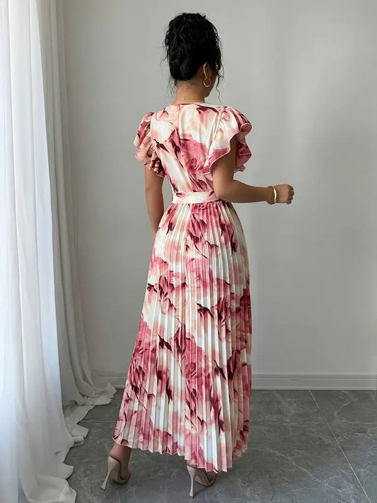 Women's Elegant Tie-Dye Floral Print V-Neck Long Sleeve Dress with Pleated Waist & Flared Hem - A-Line Machine Washable Casual Vacation Dress for Spring Summer Fall, Cute Summer Dresses, Spring Fashion, Comfortable Fashion