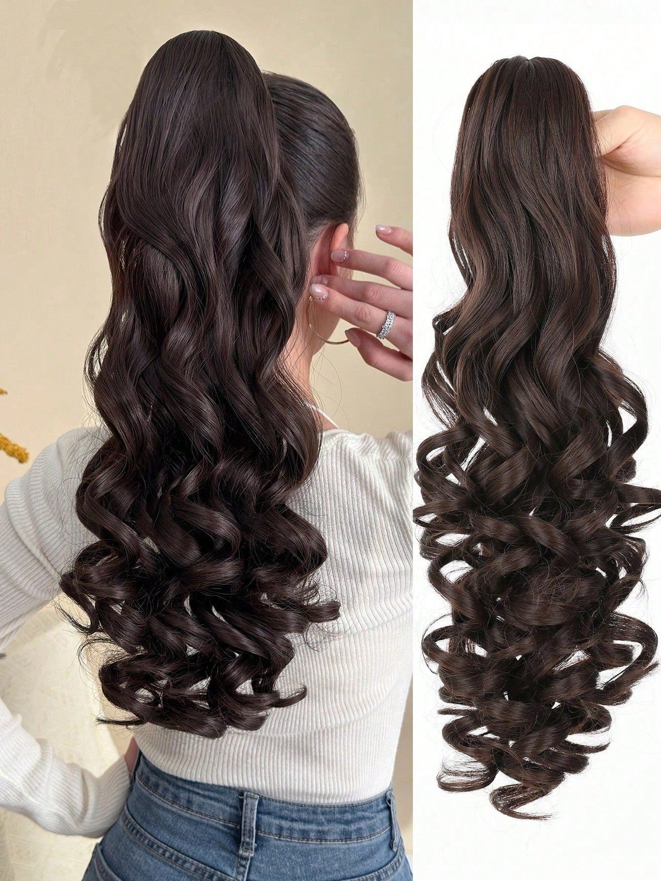 Claw Ponytail Extension Hair Accessories Light Brown 20-24 Inch Long Deep Wave Heat Resistant Fiber Synthetic Ponytail Hairpiece For Women Daily Used