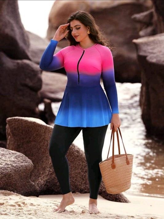 Swim Shayni Plus Size Women's 2 Pieces Gradient Print Zipper Front High Waisted Modest Burkini Swimwear, Conservative & For Beach Vacation, Summer Clothing Burkinis