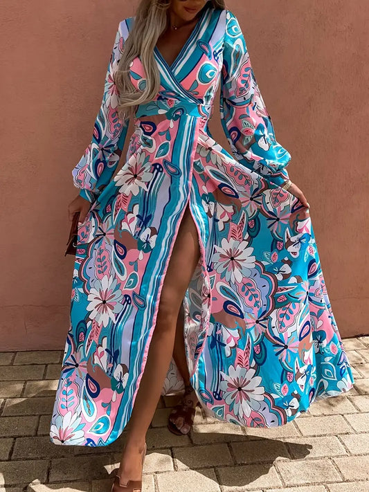 Women's Plus Size Floral Print V-Neck Maxi Dress with High Thigh Slit - Casual Long Sleeve Flowy Dress for Spring & Fall, Lightweight Polyester, Vibrant Pink & Blue Floral Pattern, Floral Dress
