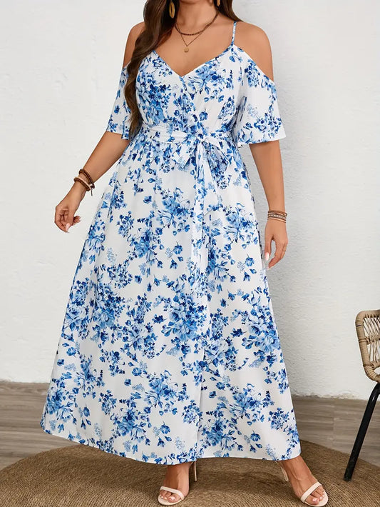 Large Size Elegant Floral Lace-Up Maxi Dress for Women - Blue & White Floral Pattern, V-Neck, Short Sleeve, Non-Stretch Polyester Fabric, Perfect for Vacation & Summer Outfits, Plus Size Dress