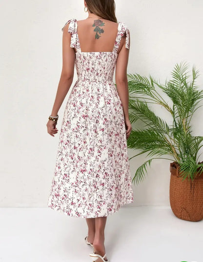 Women's Floral Print Dress - Elegant Sleeveless Backless Dress with Ruffled Neckline, Machine Washable All-Season Versatile Casual & Formal Wear, Floral Dress
