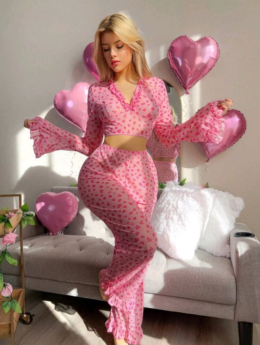 2pcs Printed Mesh Plunge Bra Set - Sexy Ladies Lingerie