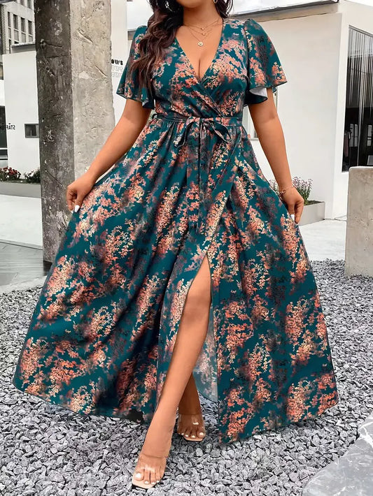 Elegant Floral Print Midi Tunic Dress, Polyester 100%, Criss Cross Neck, Ruffle Sleeve, Non-Stretch Fabric, Loose Fit, with Belt, for All-Season Casual Weekend Wear