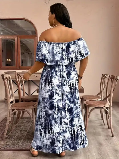 Plus Size Off-Shoulder Tie-Dye Maxi Dress - Elegant Blue & Black Print, High-Waisted A-Line Cut, Stretch Polyester Fabric, Machine Washable - Spring/Summer Women’s Fashion